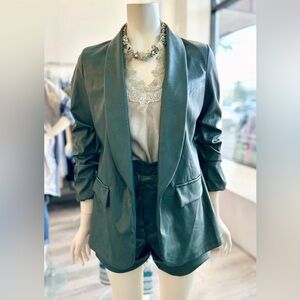 The Porter Collective Green Leather Ruched/Bunched Sleeve Blazer, NWT W size L